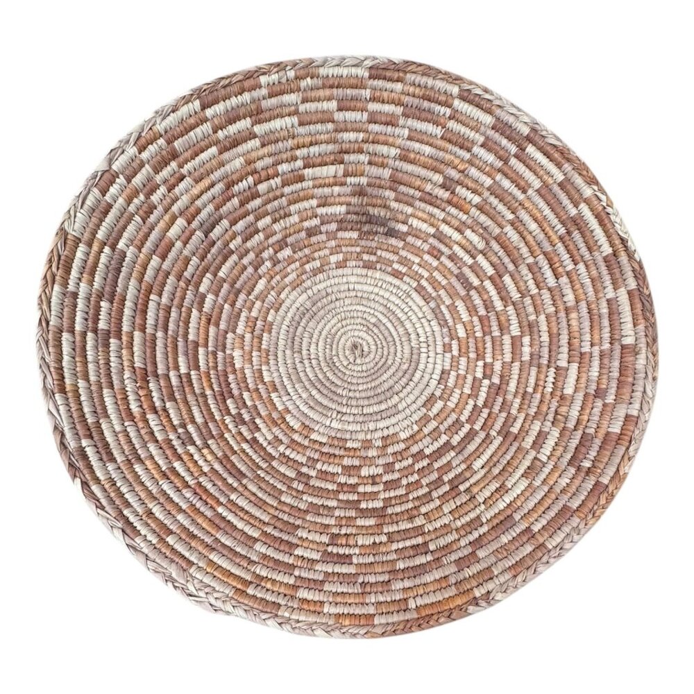 Handwoven Round Coil Wicker Basket Brown Southwestern Large Centerpiece 15" Vtg